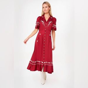 THE GREAT. The Western Bridge Embroidered Duchesse-Satin Midi Dress